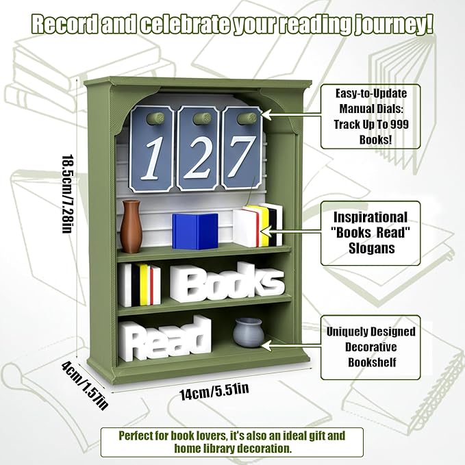 Books Read This Year Counter, Books Read Tracker for Reading Goal, Bookend Decor Book Accessories for Reader, Librarian and Teacher Reading Challenge Display (Olive)