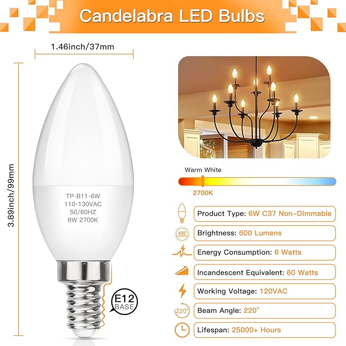 MAXvolador E12 LED Candelabra Light Bulbs 60W Equivalent, Warm White 2700K 600 Lumens Chandelier Bulb, 6W B11 Candle Base, Non-Dimmable, Pack of 6