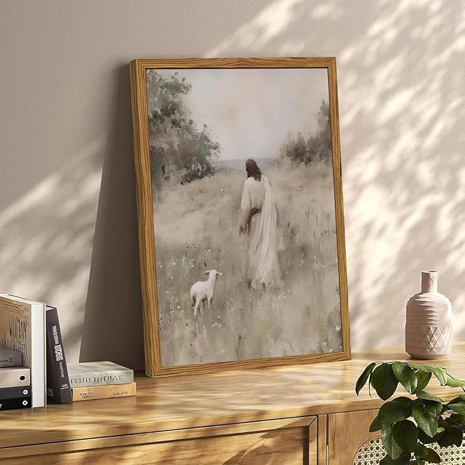 Jesus Leaves The 99 Sheep Wall Art Painting, Vintage Shepherd Christian Wall Decor Lost Lamb Religion Artwork 3D Textured Hand Drawn Sandstone for Living Prayer Room Bedroom 16x24 inch Wood Framed