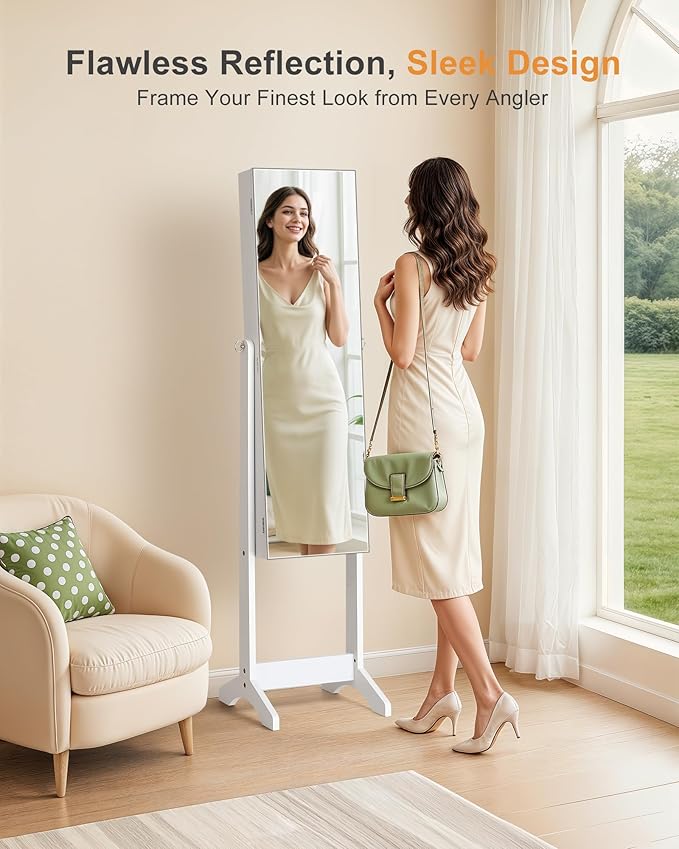 Nicetree Jewelry Cabinet Armoire, Freestanding Jewelry Armoire Organizer with Full-Length Mirror, Lockable Jewelry Storage Cabinet, Frameless Mirror, 3 Adjustable Angles, Moon White