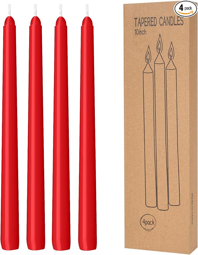 LYOBATH 4 Pack Red Taper Candles - Taper Candles 10 Inch Dripless, Smokeless & Unscented - 8 Hours Long Burning - Hand Poured Tall Candlesticks - Ideal for Weddings, Dinner Parties, and Home Decor