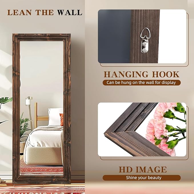 Full Length Mirror 58"x22" Solid Wood Frame Floor Large Mirror for Living Room, Bedroom Hanging or Leaning Wall-Mounted, Brown