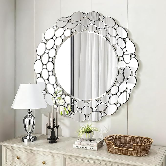 32" Large Round Wall Mirrors, Modern Silver Mirror for Wall Decor, Elegant Decorative Mirror for Entryway, Living Room, Bedroom, Bathroom, Dining Room