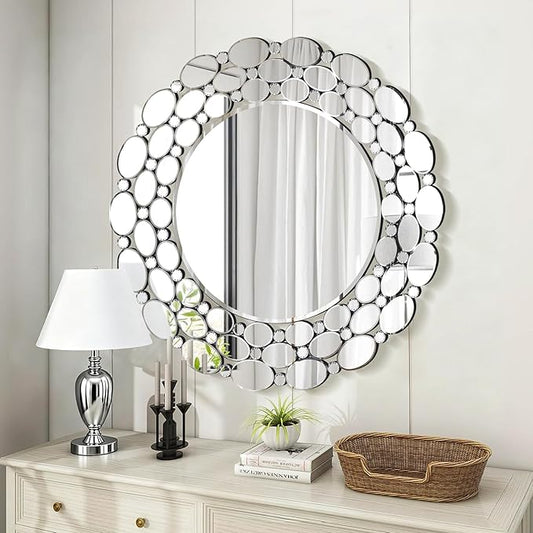 32" Large Round Wall Mirrors, Modern Silver Mirror for Wall Decor, Elegant Decorative Mirror for Entryway, Living Room, Bedroom, Bathroom, Dining Room