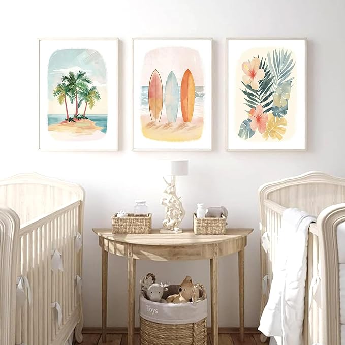 Beach Nursery Poster, Set of 6 Ocean Kids Wall Art Watercolor Summer Surf Wall Decor Beachy Boys Room Decor Funny Teen Coastal Surfboard Canvas Prints Aesthetic Unframed 8x10 inch