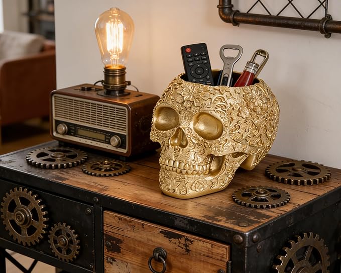 Skull Bowl Decorative Skull Vase Makeup Brush Pen Holder Organizer Dresser Gothic Table Organizer Decoration, Gold Skull Pot Enthusiasts Gifts