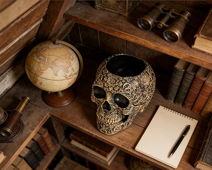 Skull Bowl Decorative Skull Vase Makeup Brush Pen Holder Organizer Dresser Gothic Table Organizer Decoration, Antique Gold Skull Pot Enthusiasts Gifts