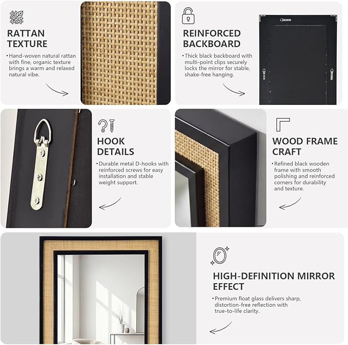 Rattan Full Length Mirror,24"x60" Long Rattan Wall Mirror,Wooden Mirror with Wicker Frame,Decorative Full Body Mirror Hanging,Farmhouse Rectangle Floor Mirror for Bathroom Living Dressing Room Black