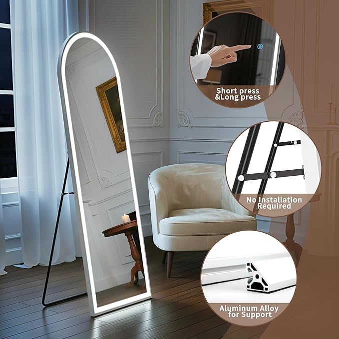 Arched Full Length Mirror with LED Lights, 60"x16" LED Floor Mirror with Stand, Body Floor Mirrors with Dimming & 3 Color Lighting, Wall Mounted LED Mirrors for Bedroom, Dressing Room, Cloakroom