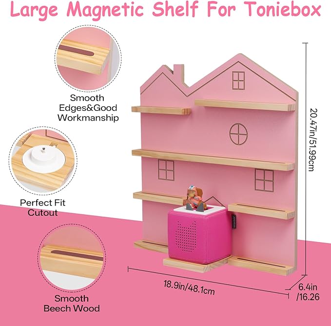 Gieanoo Large Tonie Shelf for Toniebox,for Toniesbox 1 and Toniebox 2 Tonie Shelf Wall Mounted Magnetic Pine Wooden Floating Shelves Compatible with Tonie Box Player Tonie Figures Storage(Pink)