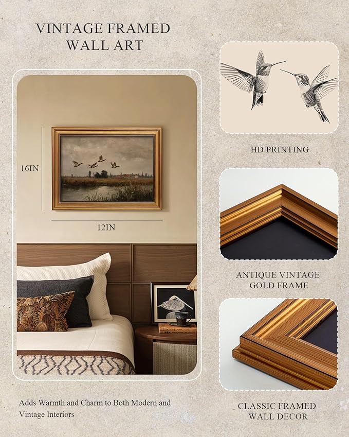 InSimSea Gold Framed Canvas Prints Wall Art, Vintage Bedroom Decor, Flying Ducks Landscape Paintings Farmhouse Wall Decor, Rustic Countryside Pictures for Living Room Shelf, 12x16inch