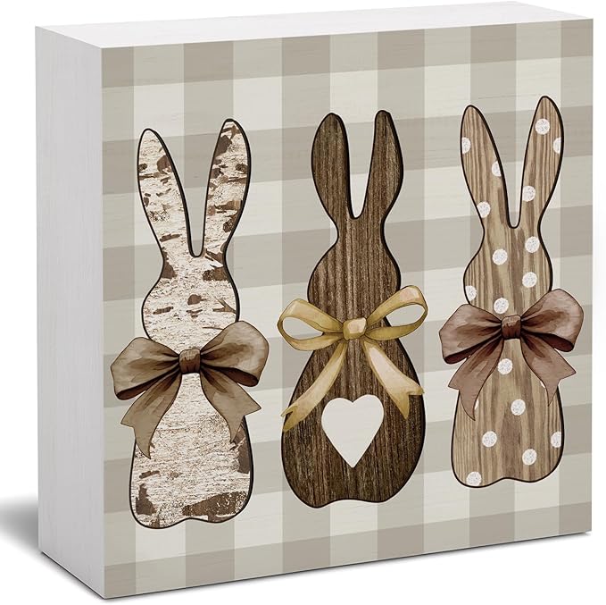 Easter Decor, Rabbit Wooden Box Sign, Rustic Easter Tiered Tray Decorations, Farmhouse Bunny Rabbit Decorative Table Centerpiece Sign for Party Home Kitchen Dining Table Decor 5x5