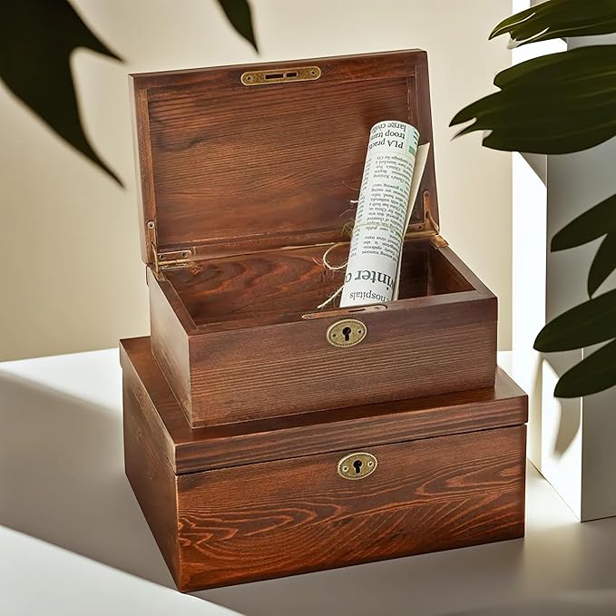 Wooden Box with Hinged Lid - 2 Pack - Vintage Decorative & Lockable Chest - for Keepsakes, Valuables, Accessories, Treasured Items - Walnut-Like Wood Finish, Aged Brass Hinges & Antique Lock