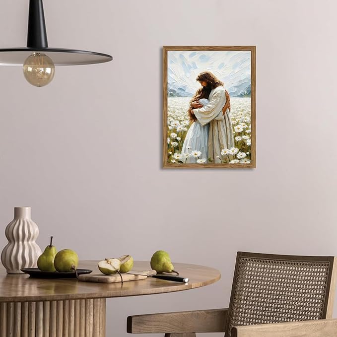 Framed 3D Textured Jesus Embracing Woman Wall Art, Jesus Hugging Woman Wall Decor Hand Drawn Sandstone Religious Christian Bible Painting Pictures for Bedroom Living Prayer Room 16x24 in Wood Framed