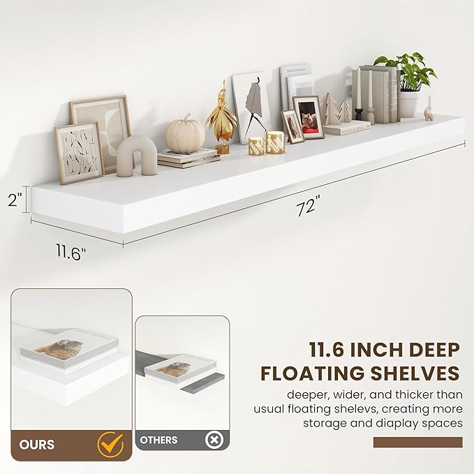 FLYJOE 72 Inch Floating Shelves | 12 Inch Deep White Floating Shelves Set of 2 | 72" W x 12" D Rustic White Wood Wall Shelves for Bathroom Living Room Kitchen Laundry Room