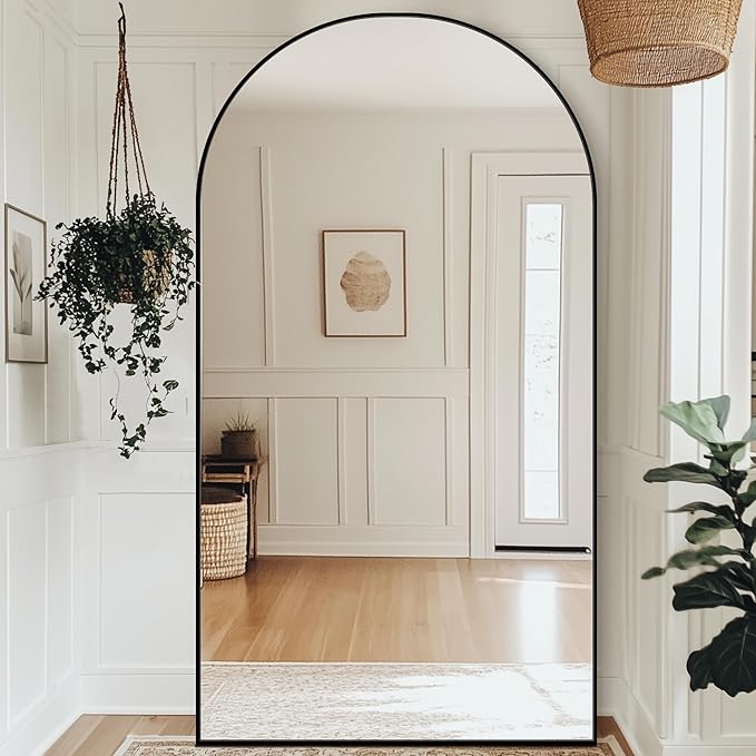 Antok Full Length Mirror, 44"x88" Floor Mirror with Stand, Hanging Mounted Mirrors for Bedroom, Living Room, Cloakroom, Dining Room, Black, Arched