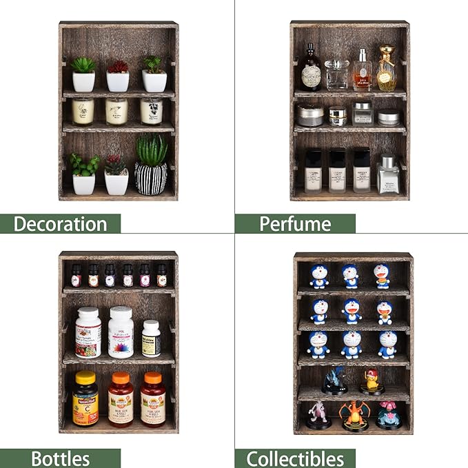 Ikee Design Wooden Wall-Mounted Display Shelves Rack for Collectibles-Figures,Shot Glasses,Spice Can,Cosmetics or Perfume-5 Adjustable Height Shelves,Space-Saving,Coffee Color
