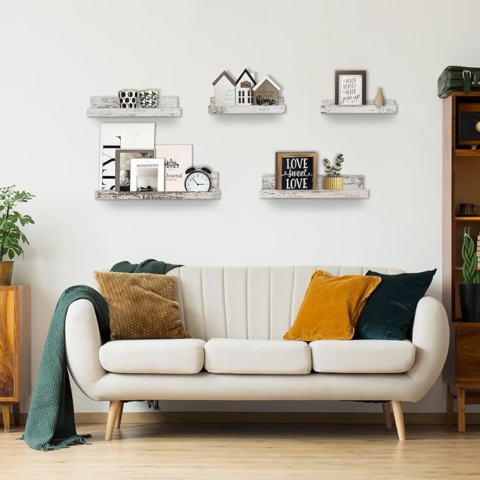 Rustic Shelves Wall-Mounted Distressed White - Farmhouse Wall Shelves 15.8 inch Wood Wall Decor Decorative Small Floating Ledge Shelf for Bedroom Living Room