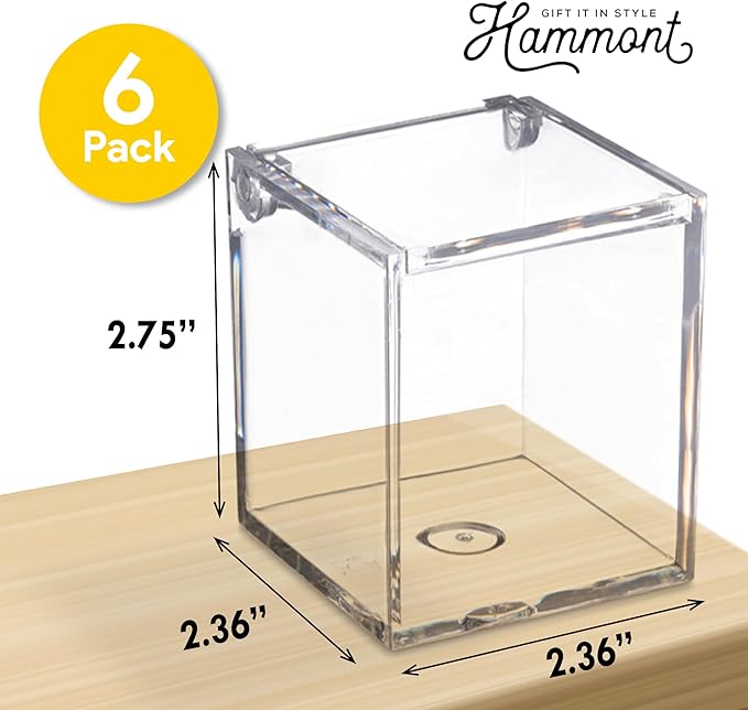 Hammont Clear Acrylic Box with Hinged Lid – Small Plastic Organizer for Office, Desk, Makeup, Crafts, Cotton Balls, Jewelry & More | 2.5"x2.5"x3" (6 Pack)