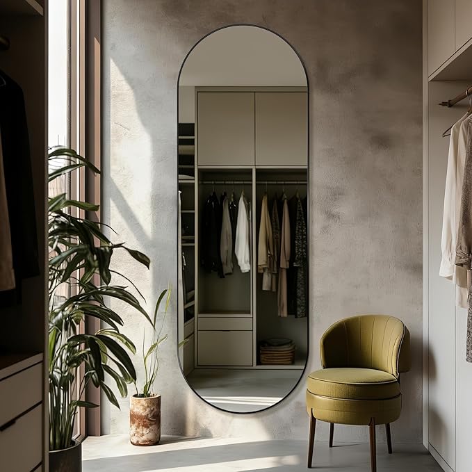 Oval Full Length Mirror, 71"×24" Wall-Mounted Floor Mirror with Metal Frame, Ultra-Clear Explosion-Proof Dressing Mirror, Simple and Classic Deco for Cloakroom/Bedroom/Living Room, Black