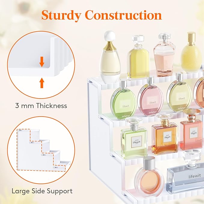 Lifewit 4 Tier White Display Riser Stand with Decorative Secure Fences, Tool-free Assembly, Plastic 12 Inch Perfume Organizer, Display for Figures, Cupcake, Dessert, 1-pack