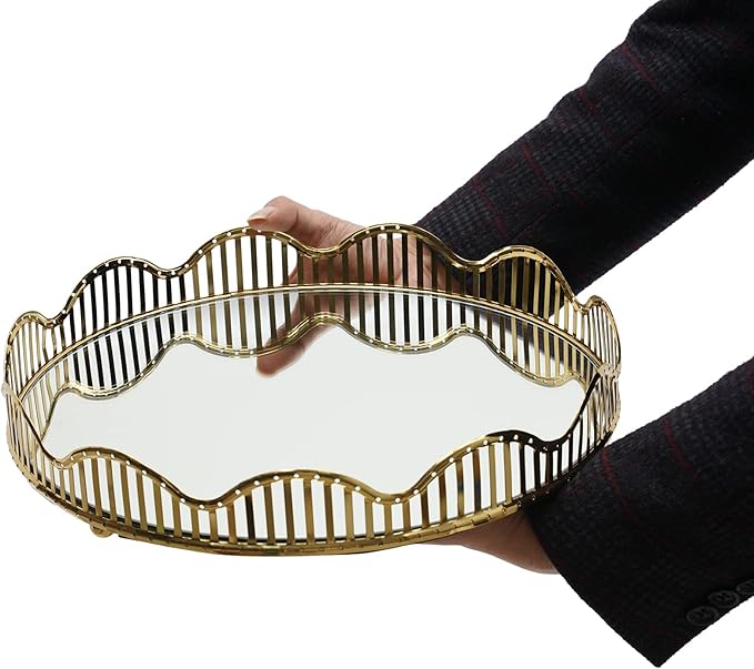 Mirrored Tray, Metal Decorative Gold Mirror Tray, Centerpieces Perfume Holder Decorative Organizer Curve Storage Makeup Bathroom Tray Home Vanity for Dresser Coffee Bathroom Living Room