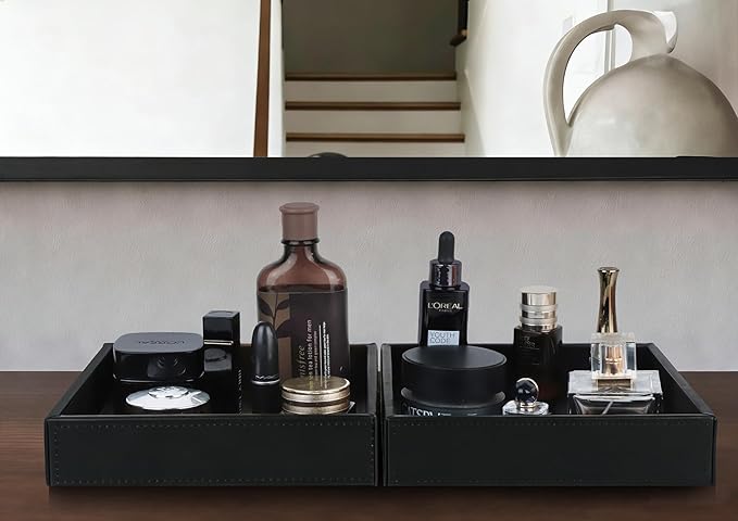 HofferRuffer Faux Leather Vanity Tray, Elegant Desktop Storage Organizer, Decorative Catchall for Perfume, Bathroom Valet, Nightstand or Dresser, 8 x 8 x 1.8 inches (Black)