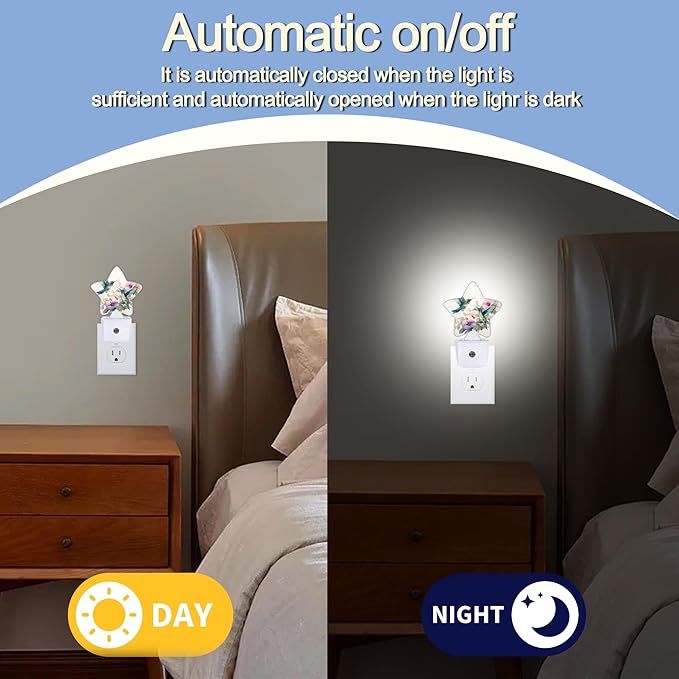 Hummingbird Bird Floral Night Lights Plug Into Wall,Vintage Flower Star Night Light for Kids,Nightlight with Dusk to Dawn Smart Sensor for Bedroom Bathroom Decor,Children Women Men Gift
