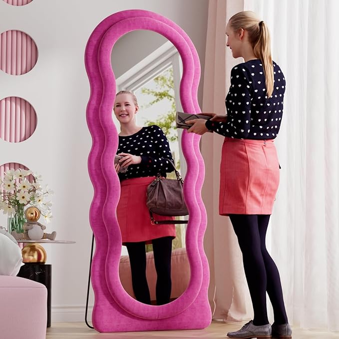 Dewfig Full Length Mirror, 63" x 24" Irregular Wavy Mirror, Large Floor Length Mirrors Wall Mounted, Standing Wavy Mirrors with Flannel Wrapped Wooden Frame for Bedroom/Living Room, Hot Pink