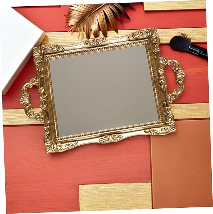 Healeved Nordic Style Golden Mirror Tray Vintage Carved Resin Decorative Storage Plate Wedding Dessert Table Makeup Organizer