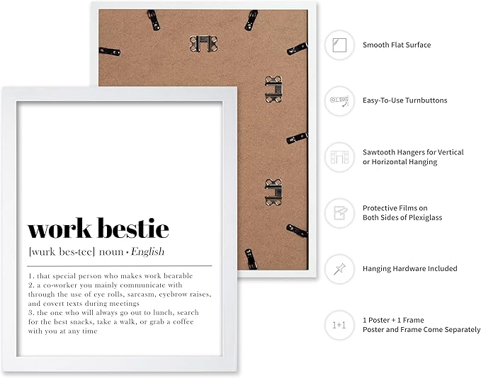 Poster Master Typography Poster - Dictionary Print - Work Bestie Definition, Special Person Who Makes Work Bearable - Gift for Colleague, Friend - Wall Decor for Home, Office, 16x20 White Framed