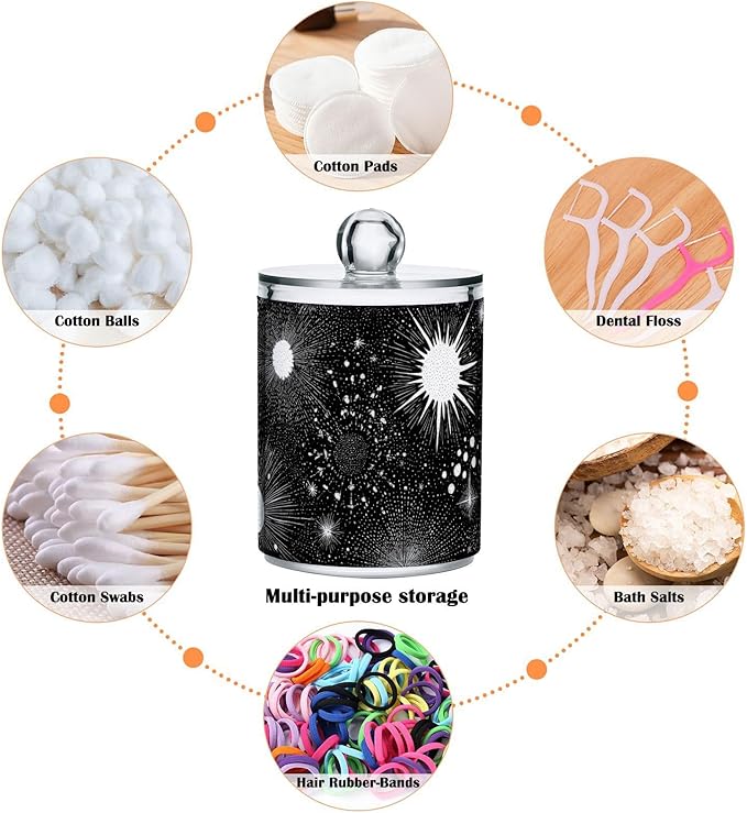 2 Pack Apothecary Jars Retro Dark Stars Sun Bathroom Vanity Storage Organizer Set,Small Clear Plastic Storage Jars Bathroom Canister for Cotton Swabs, Rounds, Balls, Qtips,Makeup Sponges, Floss