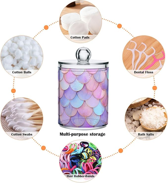 2 Pack Apothecary Jars Light Pink Fish Scales Bathroom Vanity Storage Organizer Set,Small Clear Plastic Storage Jars Bathroom Canister for Cotton Swabs, Rounds, Balls, Qtips,Makeup Sponges, Fl