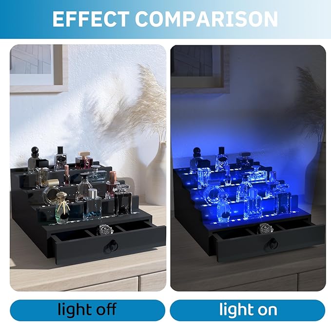 RGB LED Lighting Perfume & Cologne Organizer for Men with APP Control, Music Beat Sync LED, Cologne Stand Shelf, 4-Tier Black Wood, Ideal Gift for Men,Includes 12V Power Adapter for Instant Use