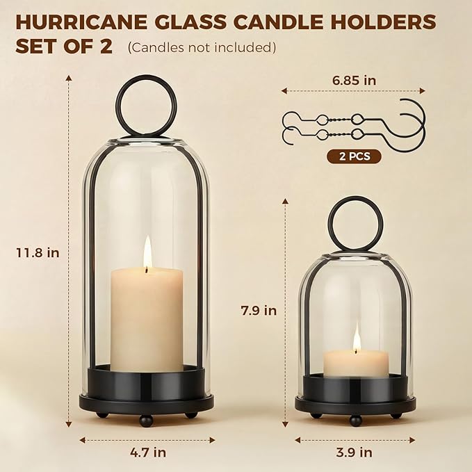 5"&4" Hurricane Glass Candle Holders, Hanging Black Metal Candle Holder for Pillar Candles Table Coffee Table Decor Interior Decoration