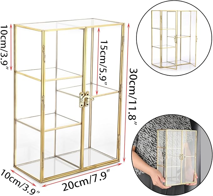 ELLDOO 5 Slots Clear Glass Storage Box, Gold Jewelry Makeup Display Organizer Case, Decorative Tower Box Storage for Trinket Perfume Lipstick Figure Statue Toy Display