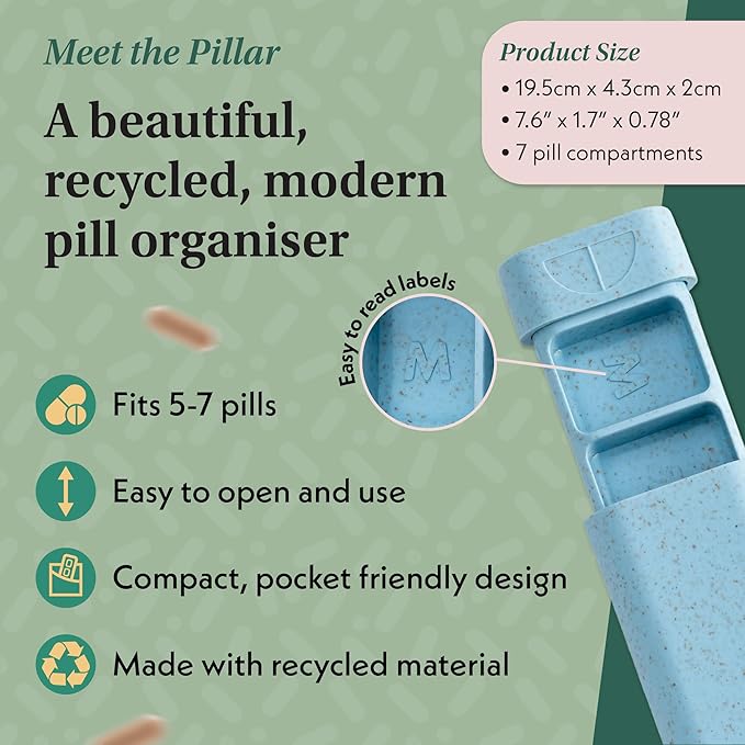 Pillar - 7-Day Pill Organizer | Weekly Medicine Pill Container Travel Box - Aesthetic Medication Holder - Stylish Travel Pill Case - Cute Small Medication Organizer 7 Day for Women (Powder Blue)