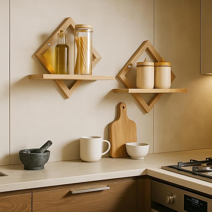 Floating Shelves for Wall,Decorative Wall Shelf,Hanging Shelf for Plants Storage Display Holder,Indoor Decor for Living Room Home Office Bathroom Bedroom,Solid Wood,Diamond Shaped,2 Pack(Wooden Brown)