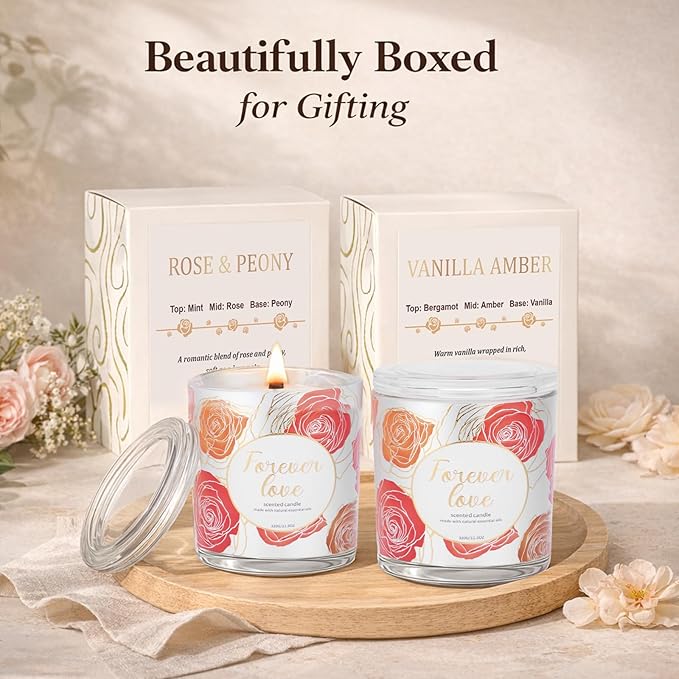 2 Pack Wood Wick Soy Wax Candle Gift Set for Women, Rose & Peony and Vanilla Amber, 11.3 Oz Each, Individually Boxed