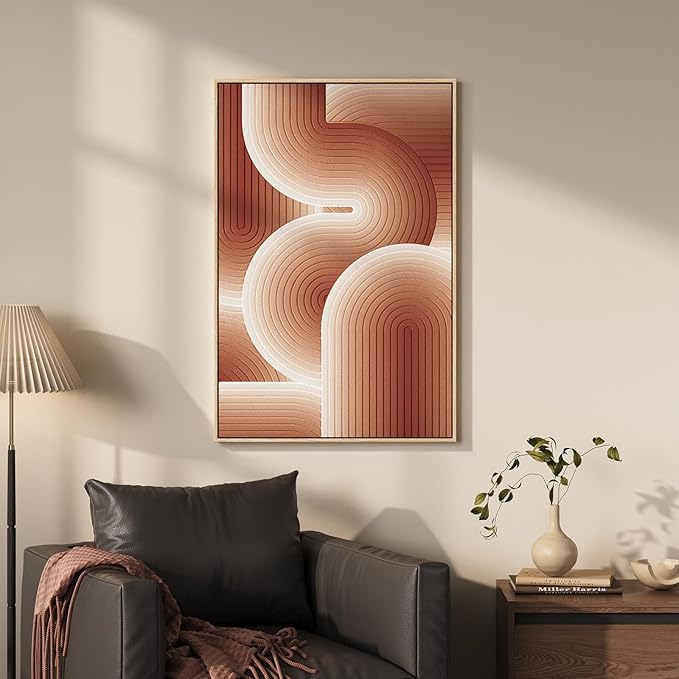 3D Textured Framed Boho Neutral Wall Art, Modern Terracotta Carved Geometric Paintings Artwork for Walls, Minimalist Wavy Line Pictures for Living Room Bedroom Dining Room Hallway Wall Decor 24x36 In
