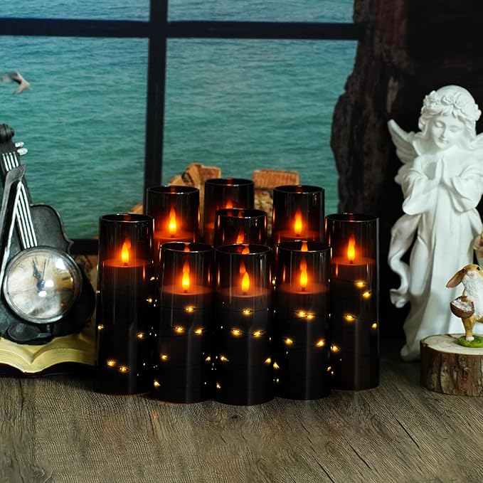 Nimiko Flickering Flameless LED Candles, 9 Pcs with Embedded Star String, Acrylic LED Pillar Candles with Remote, Suitable for Home Decoration (Black)