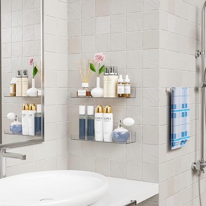 Yieach 4 Pack Acrylic Shelves for Wall Storage,No Drilling Adhesive Shelves,Clear Stick On Bathroom Wall Shelf Organizers,Plastic Floating Shelves for Perfume,Funko,Lego,Skincare,Bookshelf for Kids