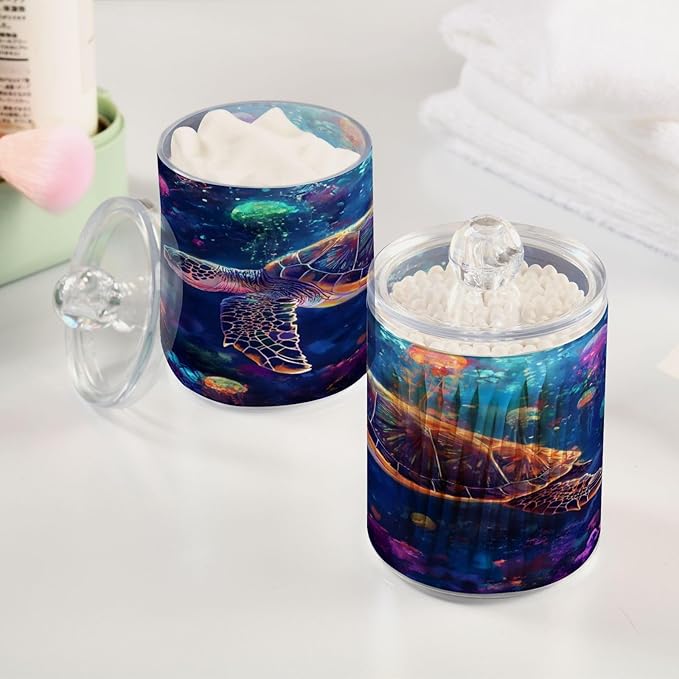 Colourful Jellyfish Ocean Turtle Qtip Holder Dispenser Clear Plastic Apothecary Jar with Lid Bathroom Organizer Vanity Makeup Storage Containers for Cotton Ball, Cotton Swab, Floss, 2 Pack