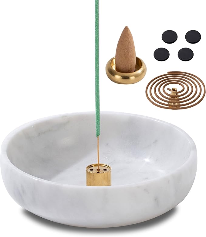 5.91 INCH Incense Holder, 6 in 1 Marble Incense Burner, Incense Holder for Sticks and Backflow Incense Cone, Sage Sticks, Palo Santo Holder, Candy Bowl, Mosquito Coil Holder