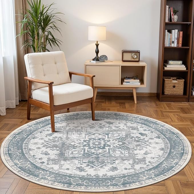Rugxara 4ft Circle Rug, Soft Round Boho Rug, Washable Non Slip Area Rug for Living Room, Bedroom, Dining Room, Entryway, Round Rugs for Home, Patio, Office, Kids Room, Coral(Blue&Grey)