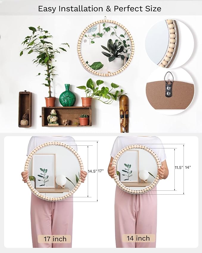 Poeme Boho Wall Mounted Circle Mirror, Wooden Round Wall Decor for Bathroom Living Room Bedroom, Decorative Hanging Farmhouse Nursery Furniture (17 Inch)