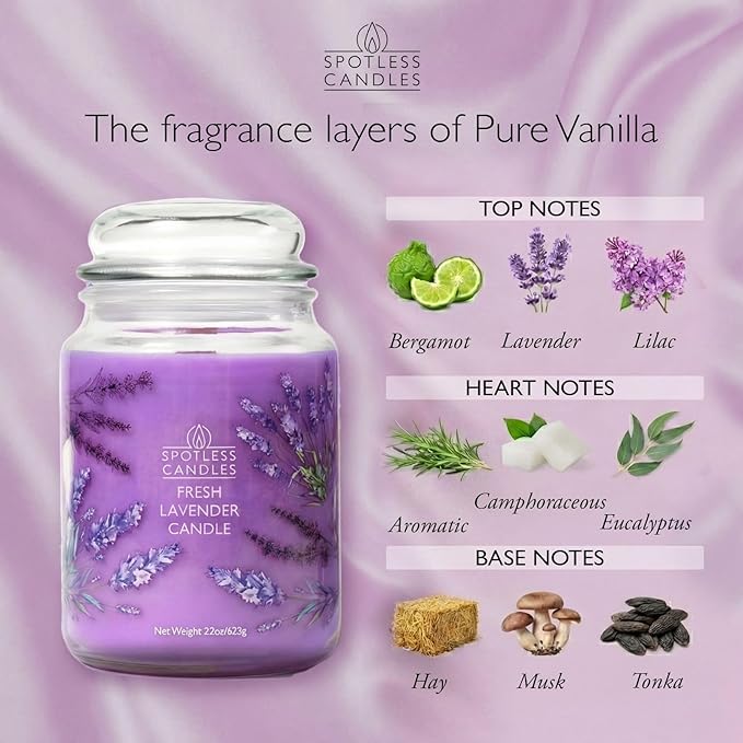Spotless Leopard Fresh Lavender Candle 22oz Glass Jar with Wooden Wick in a Decorated Jar Within a Presentation Gift Box and Protective Shipping Box