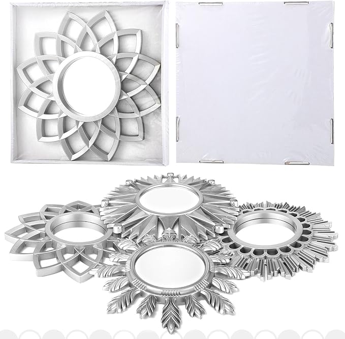 Dandat Set of 4 Gold Mirrors for Wall Decor Small Circle Flowers Mirrors Decorative Silvery Hanging Wall Art Flowers Mirror for Home Living Dinning Room Bedroom Bathroom Boho Art Gifts (Silvery)