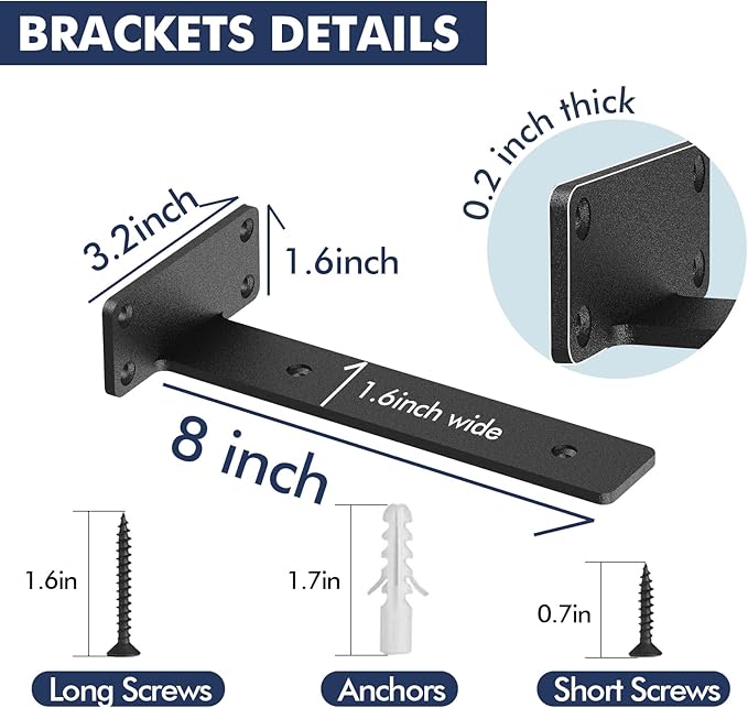 Starunder 12 Pack Floating Shelf Brackets, 8 Inch Heavy Duty Industrial Shelf Bracket, Black Metal L Brackets for Shelves Support DIY(1/5 Inch Thicked)