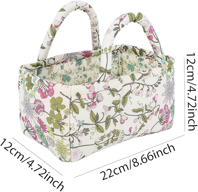 Small Storage Basket Organizer, Mini Quilted Fabric Basket with Handle, Collapsible Storage Bin for Socks, Keys, Diapers